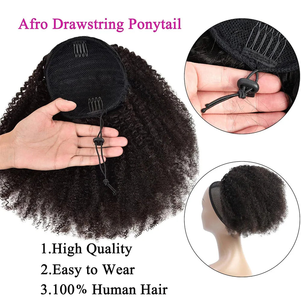 Maxine Afro Kinky Curly Drawstring Ponytail Hair Extensions Indian 100% Remy Human Hair Afro Curly Clip in Human Hair Extensions