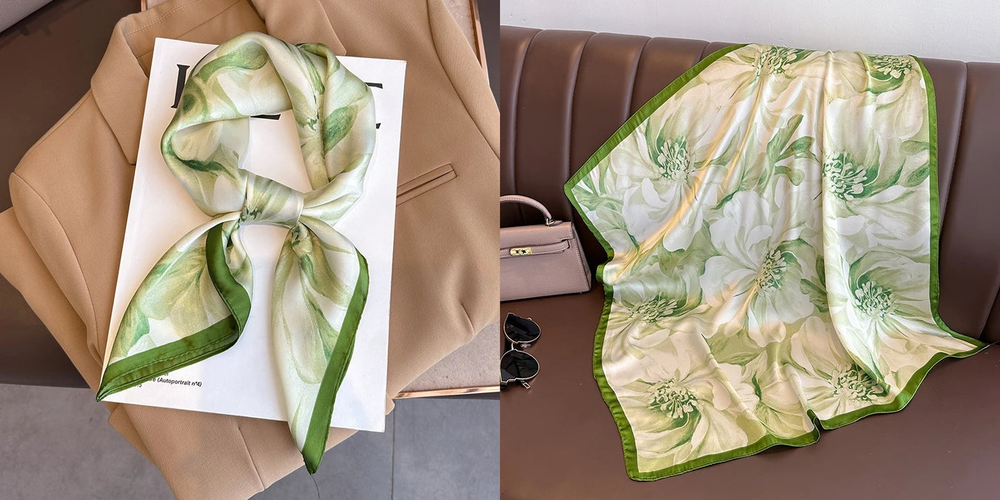 Luxury Floral Print Silk Square Scarf Women Soft Satin Kerchief Hairband Neckerchief Head Hijab Lady Headband Foulard Bag Ribbon