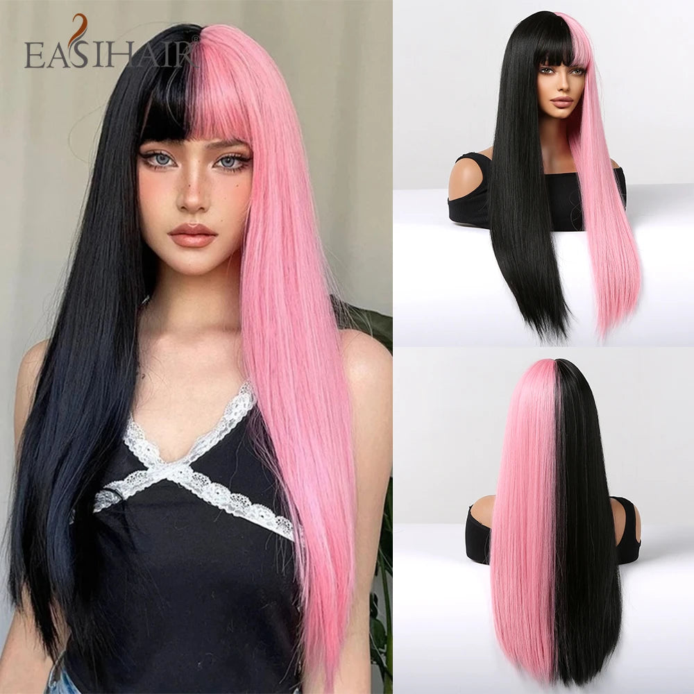 EASIHAIR Long Silky Straight Synthetic Wigs with Bangs Black Cosplay Party Lolita Hair Wigs for Women Natural Heat Resistant Wig
