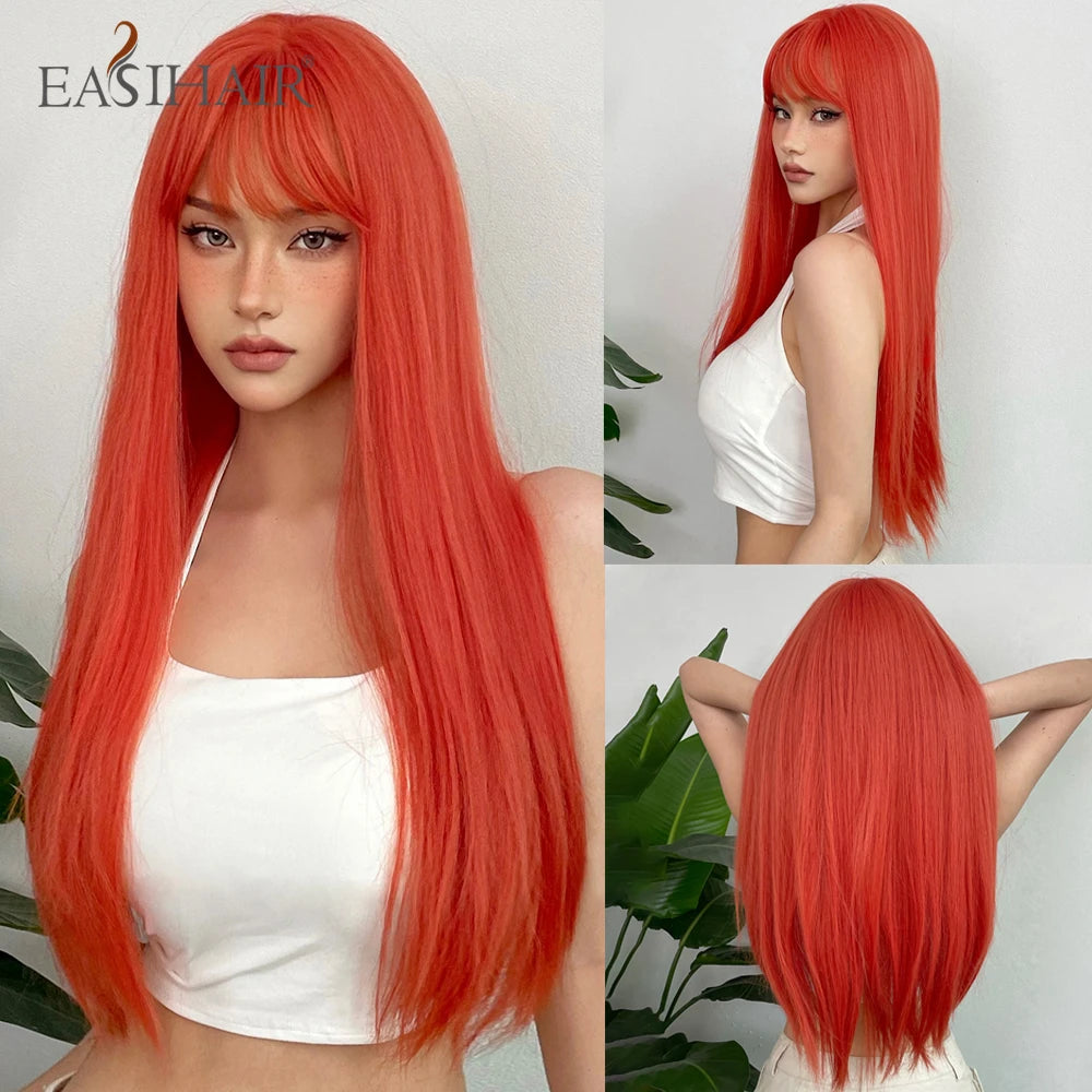 EASIHAIR Long Silky Straight Synthetic Wigs with Bangs Black Cosplay Party Lolita Hair Wigs for Women Natural Heat Resistant Wig