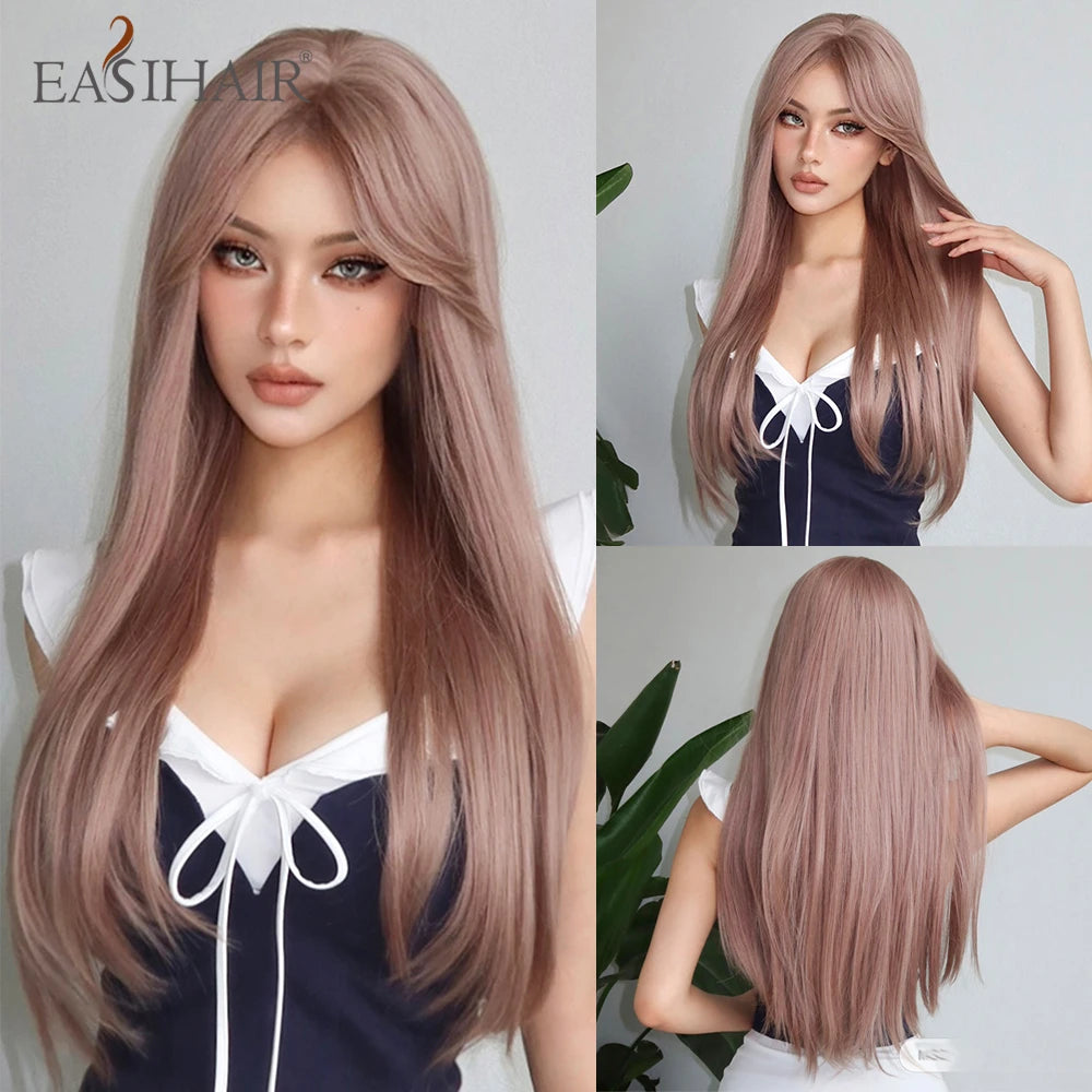 EASIHAIR Long Silky Straight Synthetic Wigs with Bangs Black Cosplay Party Lolita Hair Wigs for Women Natural Heat Resistant Wig