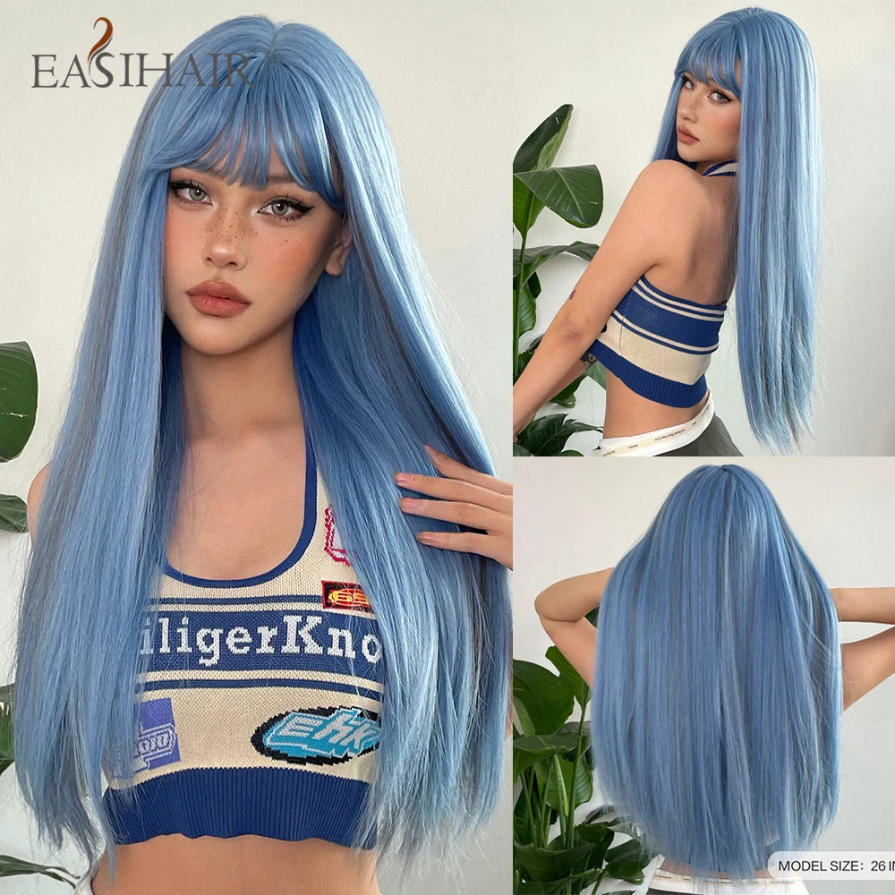 EASIHAIR Long Silky Straight Synthetic Wigs with Bangs Black Cosplay Party Lolita Hair Wigs for Women Natural Heat Resistant Wig