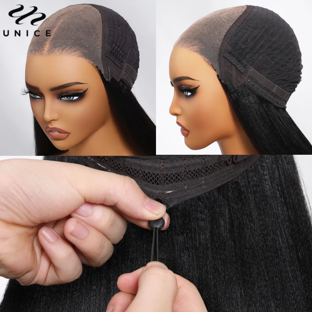 UNice Hair Drawstring Cap Yaki Straight Bob Wig Pre Cut Pre Bleached 7x5 Lace Closure Glueless Wigs Human Hair Ready To Wear Go