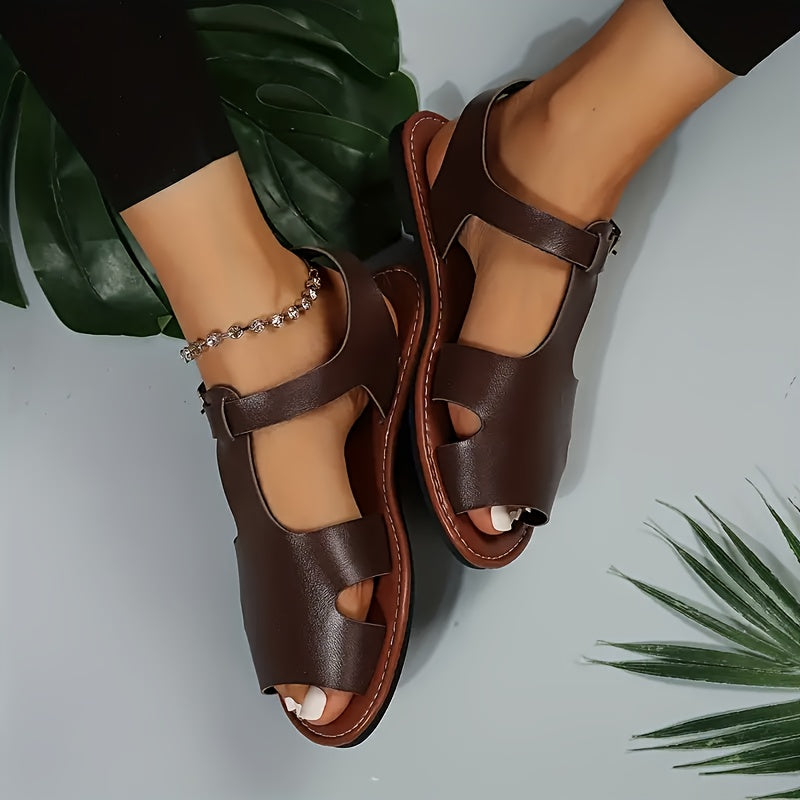 Womens Summer Flat Sandals - Buckle Ankle Strap, Lightweight, Comfortable, Open Toe, Faux Leather Upper, Rubber Sole, Versatile Vacation Footwear for Beach, Pool, and Outdoor Activities