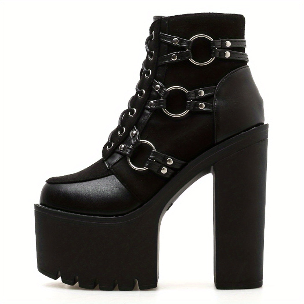 Women's Goth Motorcycle High Heel Boots, Block Heels Lace Up And Zipper Round Toe Platform Ankle Boots, Y2K Style Boots