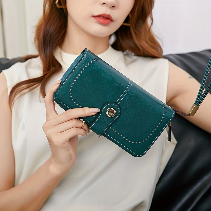 Vintage-Style RFID Long Wallet – Large-Capacity Faux Leather Coin Purse with Wristband, Snap Closure & Multi-Card Slots