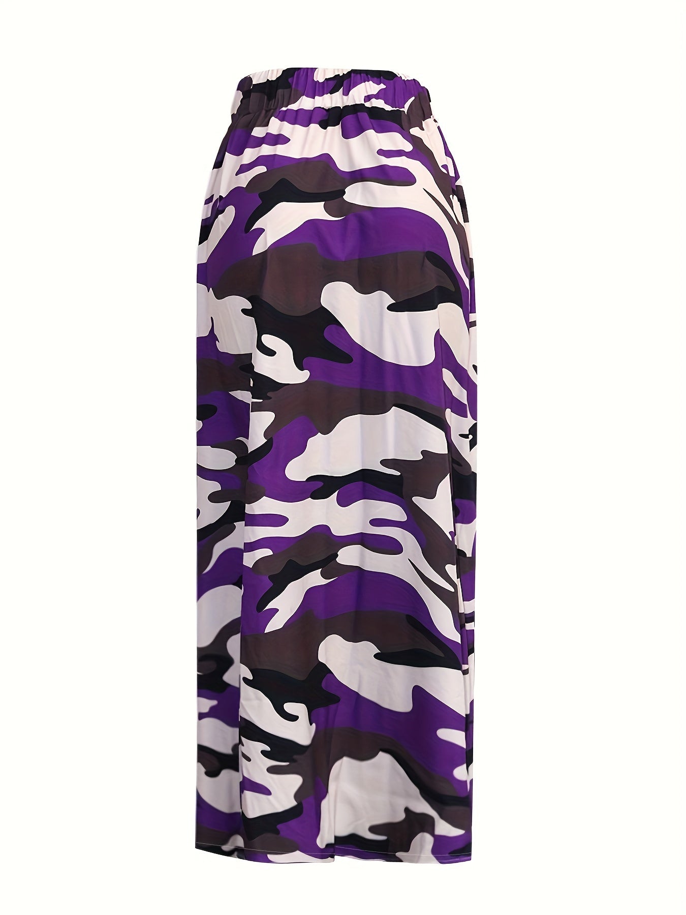 Camouflage Print Split High Waist Skirts, Zipper Elastic Mid Length Casual Skirts, Women's Clothing