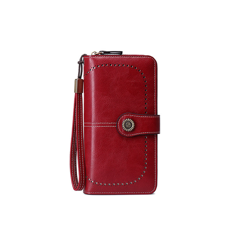 Vintage-Style RFID Long Wallet – Large-Capacity Faux Leather Coin Purse with Wristband, Snap Closure & Multi-Card Slots