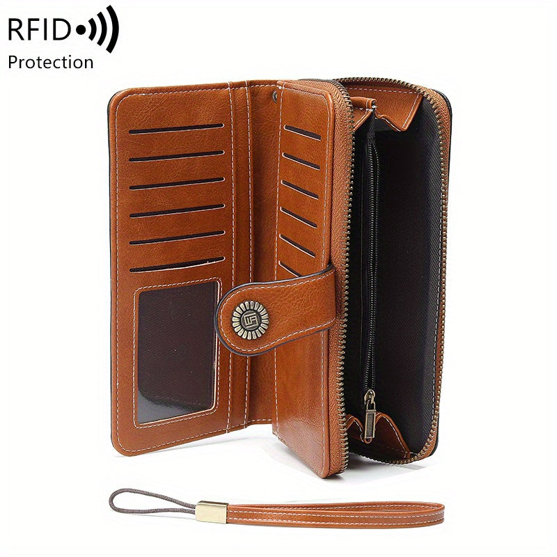 Vintage-Style RFID Long Wallet – Large-Capacity Faux Leather Coin Purse with Wristband, Snap Closure & Multi-Card Slots