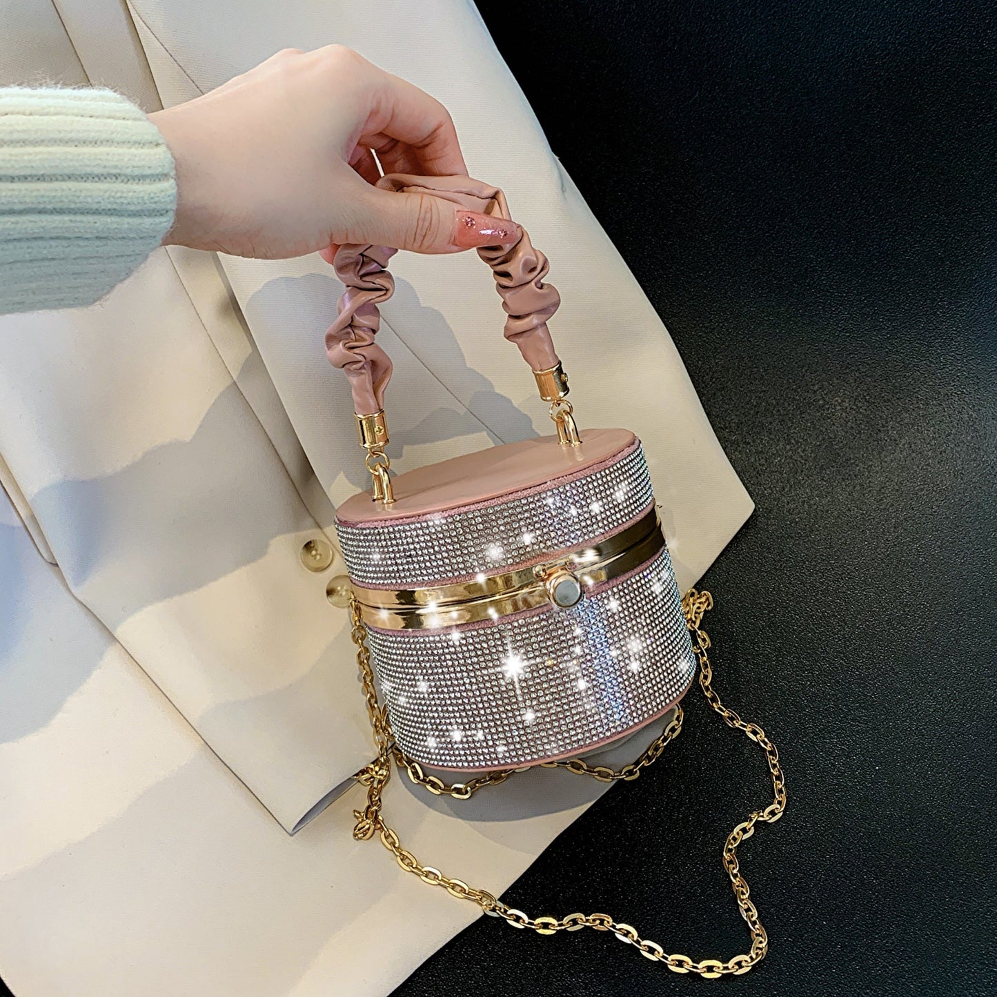 Mini Allover Rhinestone Handbag, Ruched Detail Evening Bucket Bag, Stylish Chain Shoulder Purse For Party (3.9*4.7*4.7) Inch Best Gifts for Carnaval