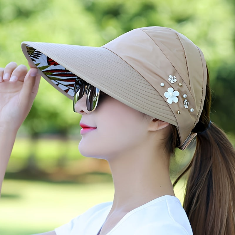 Womens Summer Sun Hat - Premium UV Shield, Stylishly Versatile, Travel-Friendly Foldable Design, Wide Brim for Optimal Shade, Chic Floral Lining, Adjustable with Flower Accent