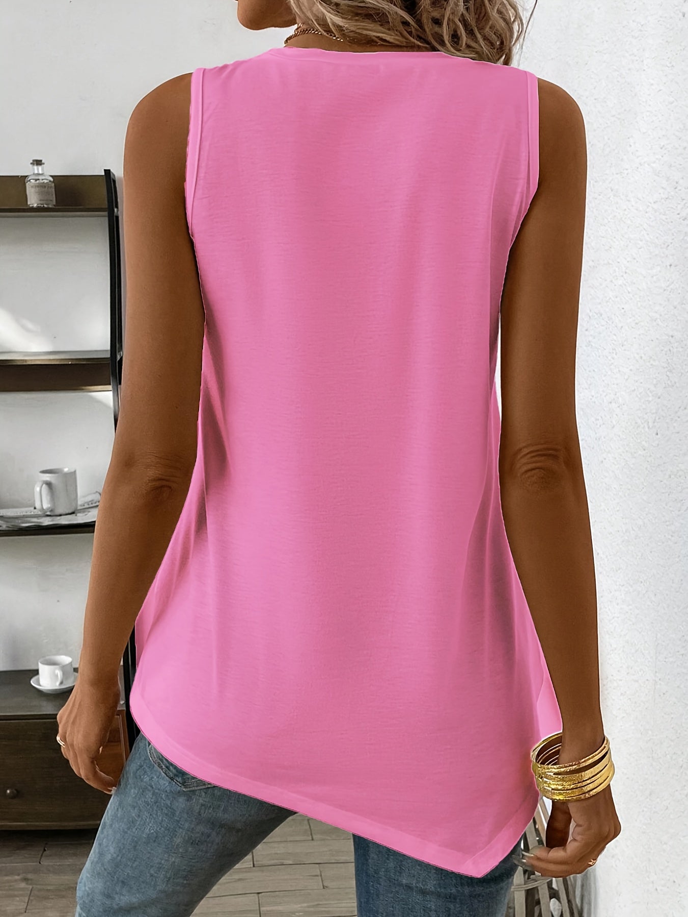 Summer Essential Asymmetrical Neck Crew Neck Tank Top - Soft Micro Elastic Polyester Fabric, Semi-Sheer, Solid Color, Casual Knit Fabric Style - Perfect for Womens Summer Clothing