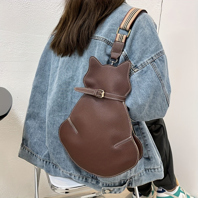 Cat Shaped Shoulder Bag, Vintage PU Leather Sling Bag, Women's Kawaii Crossbody Purse