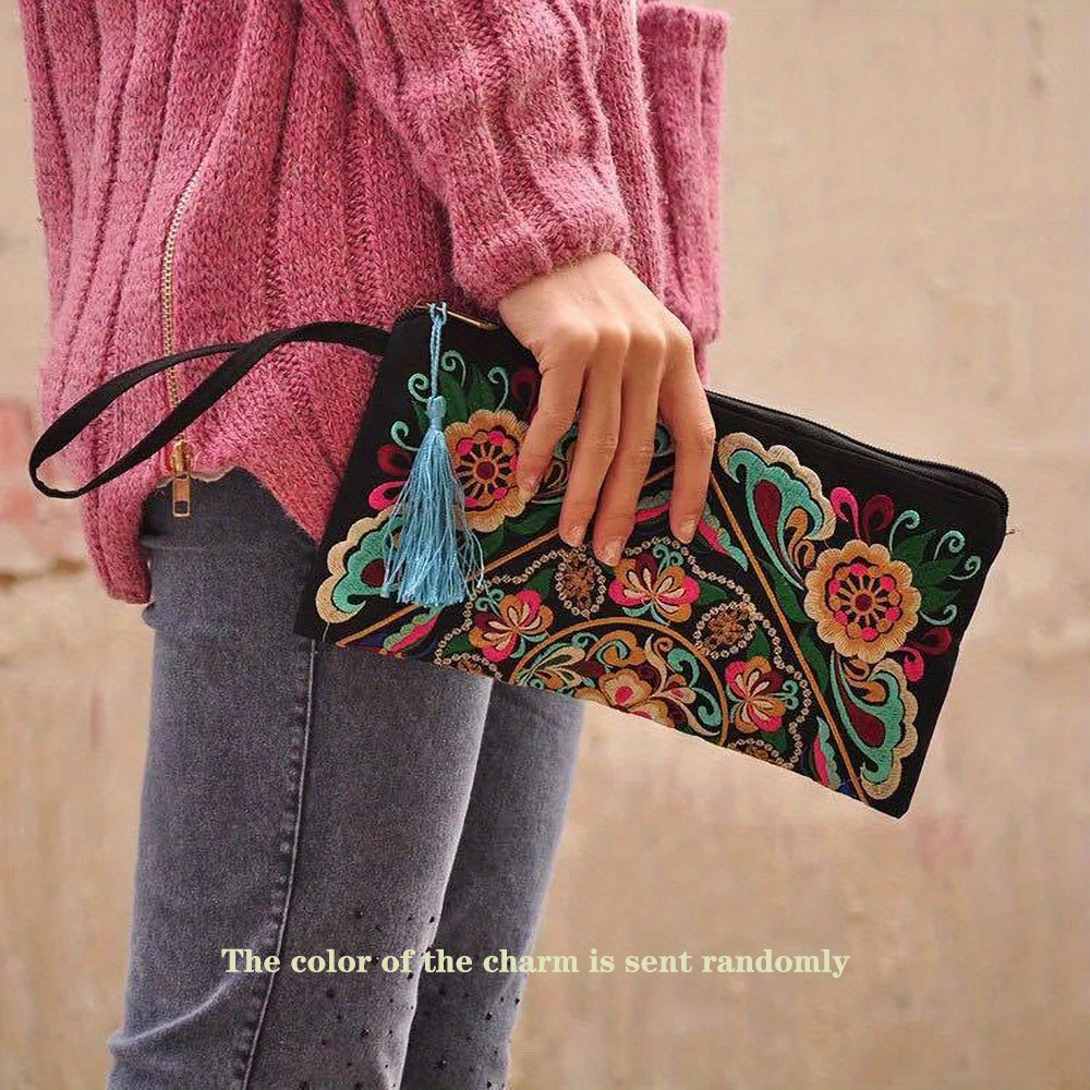Vintage Square Phone Purse - Ethnic Floral Embroidery, Wristlet Strap, Stylish Clutch for Everyday Chic