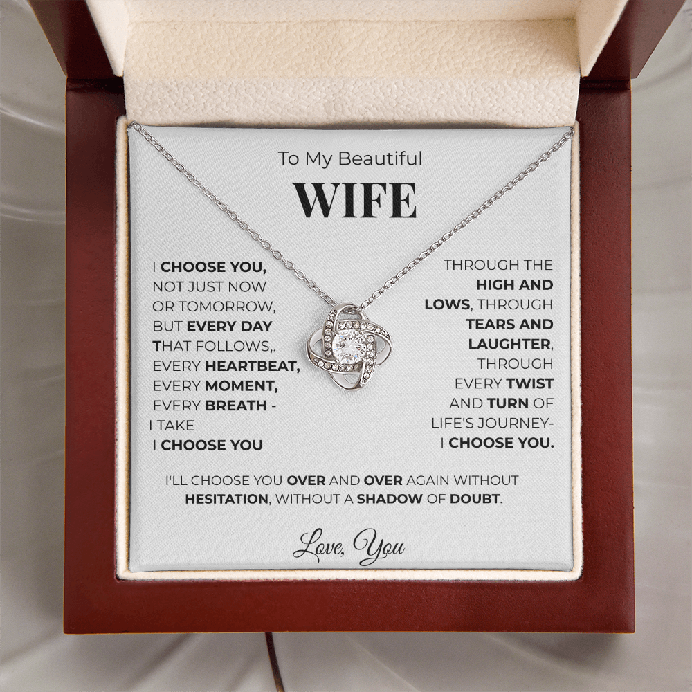 To My Beautiful Wife Love Knot Necklace – Romantic Gift for, Anniversary Wedding, Valentines Gift, Forever Love Jewelry