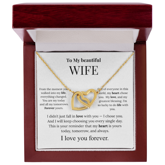 To My Beautiful Wife – Two-Tone Heart Necklace with Inlaid Zirconia, Message Card & Luxury Gift Box – Romantic Valentine's Day or Birthday Gift