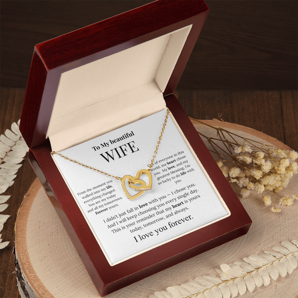 To My Beautiful Wife – Two-Tone Heart Necklace with Inlaid Zirconia, Message Card & Luxury Gift Box – Romantic Valentine's Day or Birthday Gift