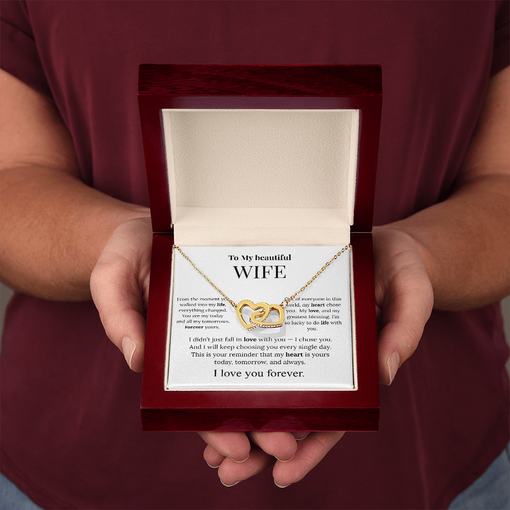 To My Beautiful Wife – Two-Tone Heart Necklace with Inlaid Zirconia, Message Card & Luxury Gift Box – Romantic Valentine's Day or Birthday Gift