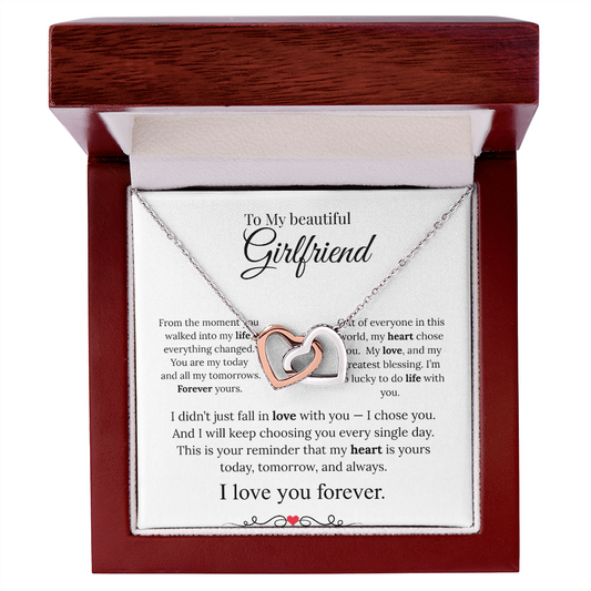 To My Beautiful girlfriend Heart Necklace, Two-Tone Copper Inlaid Zirconia, Message Card & Luxury Gift Box, Valentine's Day, Birthday, Anniversary Gift