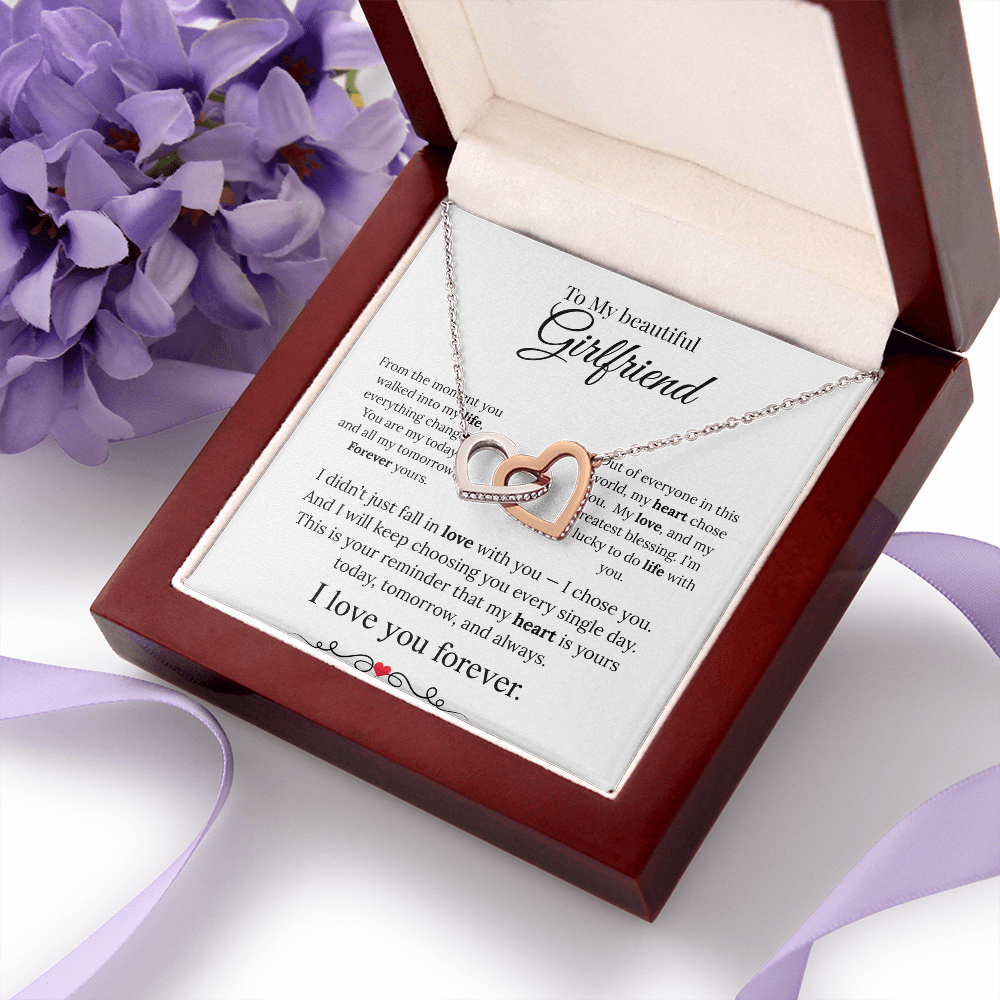 To My Beautiful girlfriend Heart Necklace, Two-Tone Copper Inlaid Zirconia, Message Card & Luxury Gift Box, Valentine's Day, Birthday, Anniversary Gift
