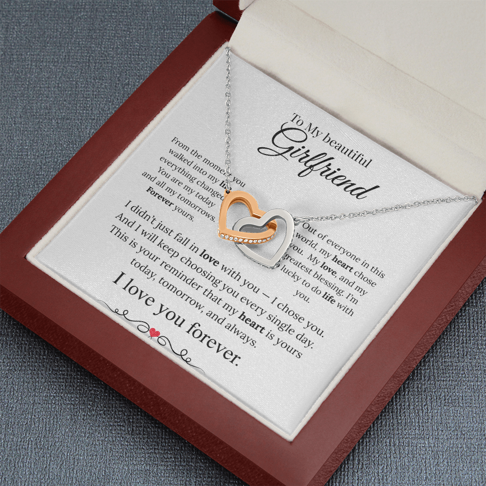 To My Beautiful girlfriend Heart Necklace, Two-Tone Copper Inlaid Zirconia, Message Card & Luxury Gift Box, Valentine's Day, Birthday, Anniversary Gift