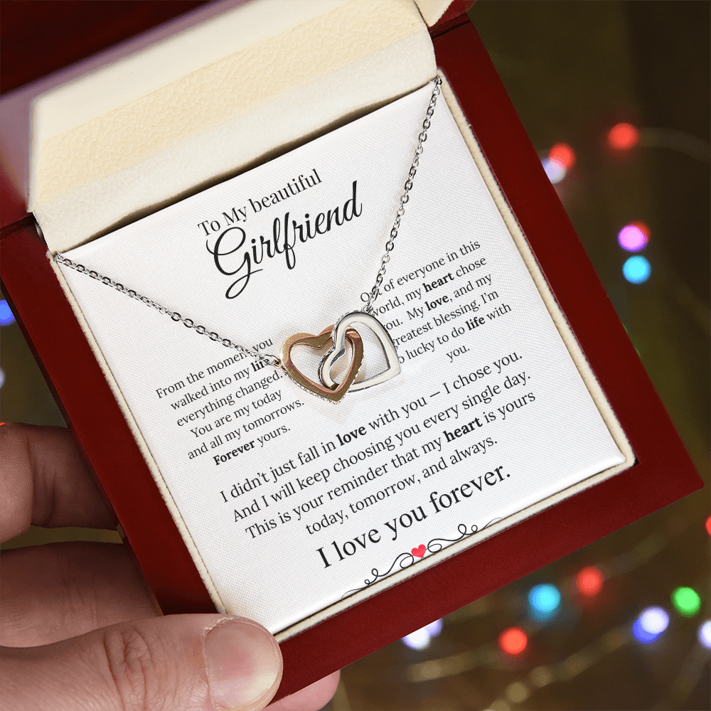 To My Beautiful girlfriend Heart Necklace, Two-Tone Copper Inlaid Zirconia, Message Card & Luxury Gift Box, Valentine's Day, Birthday, Anniversary Gift
