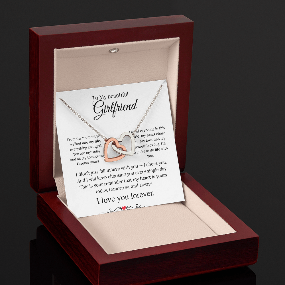 To My Beautiful girlfriend Heart Necklace, Two-Tone Copper Inlaid Zirconia, Message Card & Luxury Gift Box, Valentine's Day, Birthday, Anniversary Gift