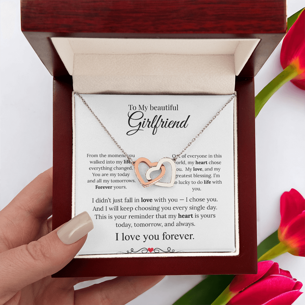 To My Beautiful girlfriend Heart Necklace, Two-Tone Copper Inlaid Zirconia, Message Card & Luxury Gift Box, Valentine's Day, Birthday, Anniversary Gift