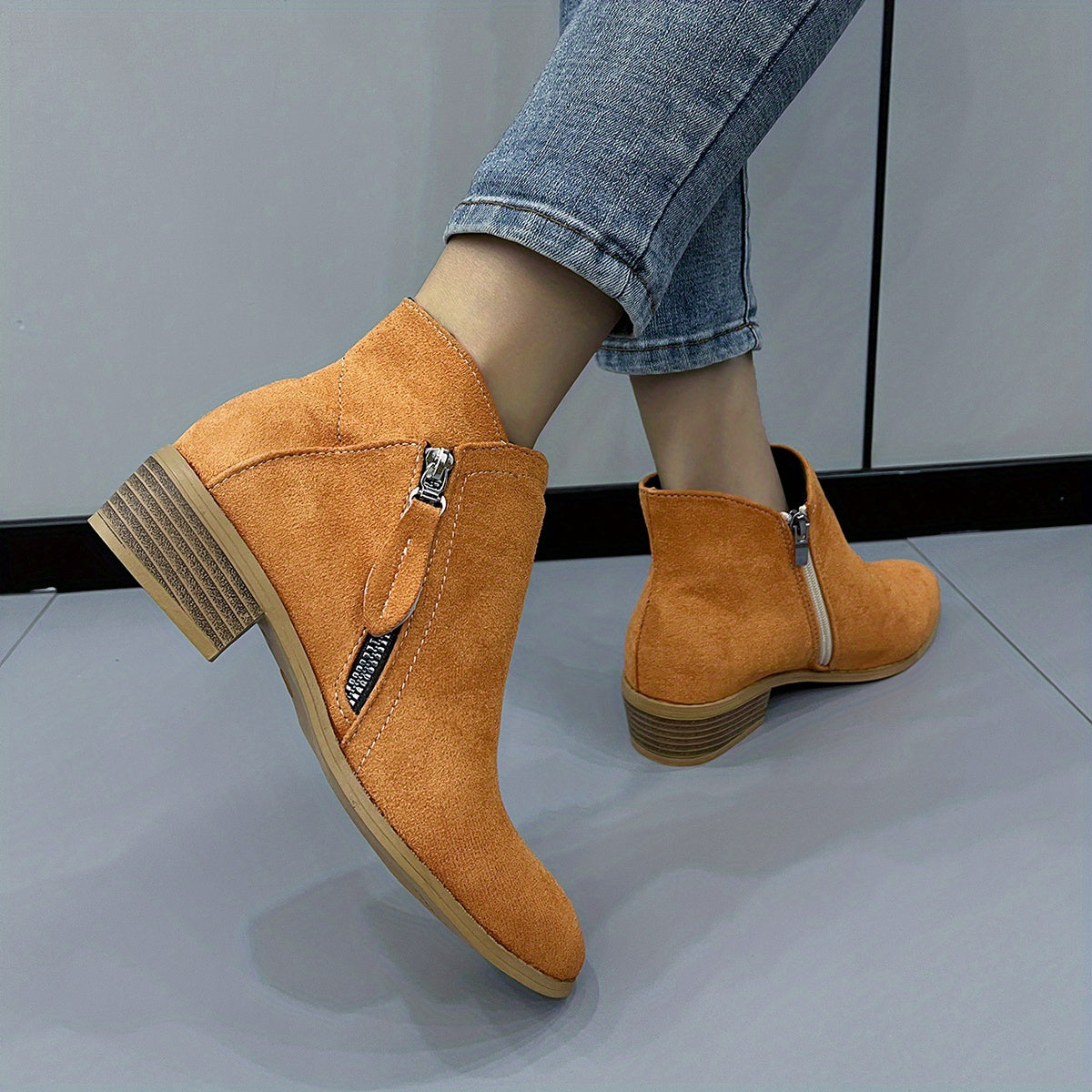 Women's Stacked Heel Ankle Boots, Side Zipper Pointed Toe Solid Color Short Boots, Comfortable Block Heels