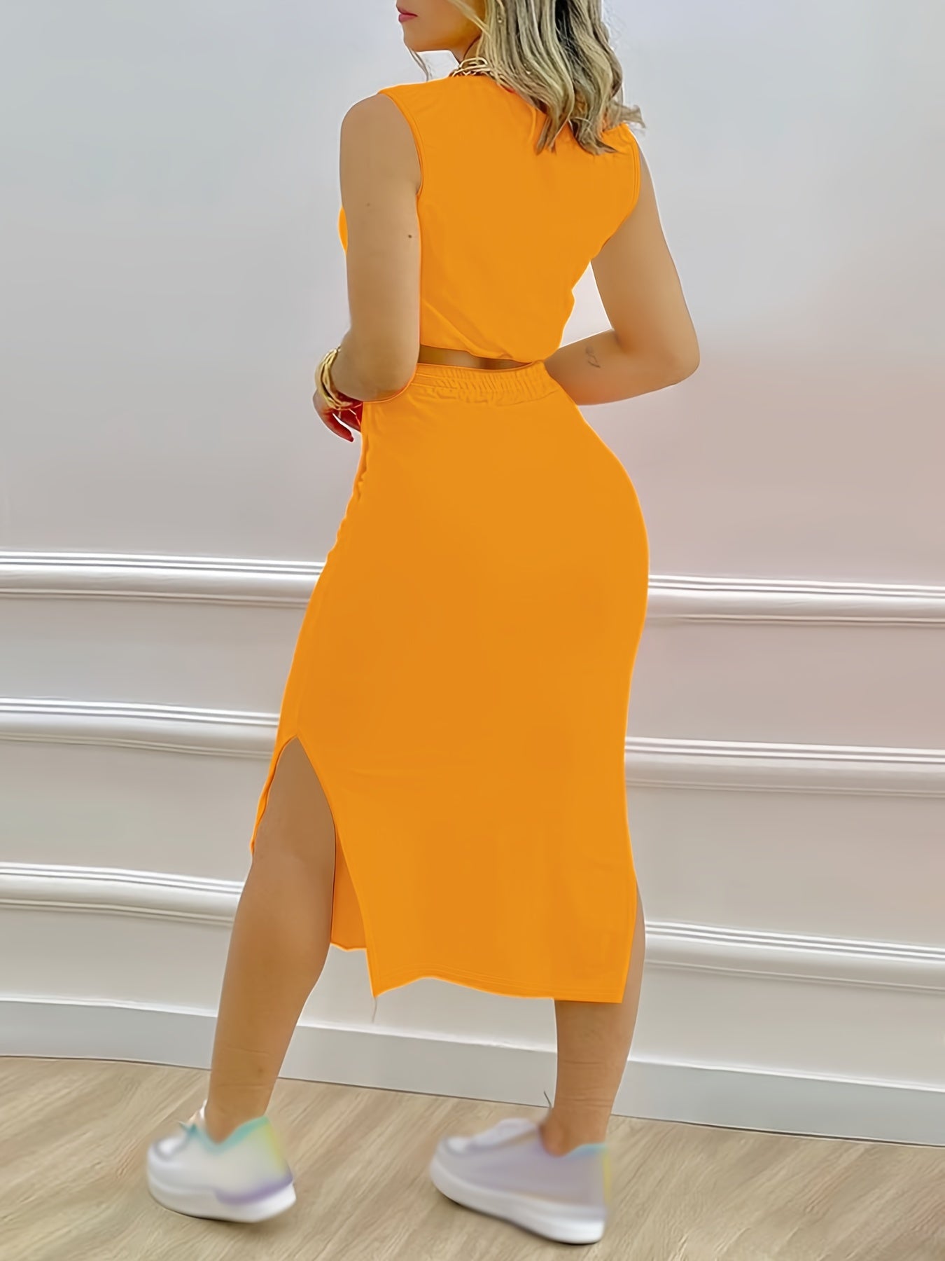 Solid Casual Two-piece Set, Sleeveless Tank Top & Drawstring Split Skirts Outfits, Women's Clothing