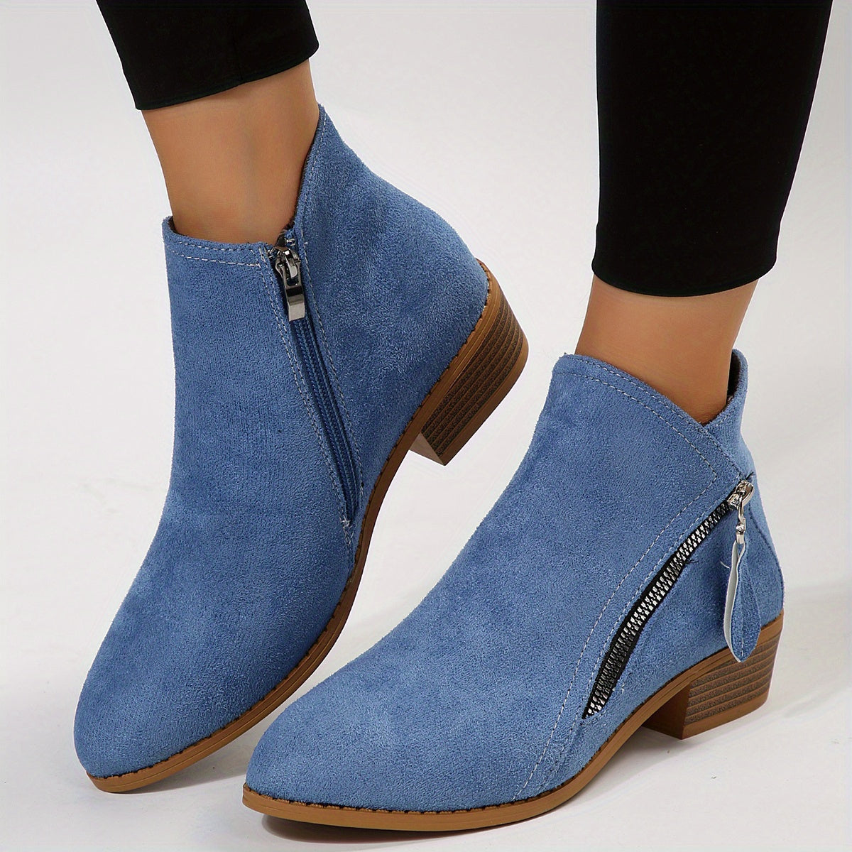 Women's Stacked Heel Ankle Boots, Side Zipper Pointed Toe Solid Color Short Boots, Comfortable Block Heels