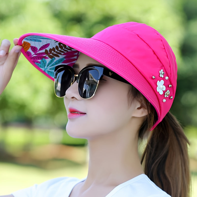 Womens Summer Sun Hat - Premium UV Shield, Stylishly Versatile, Travel-Friendly Foldable Design, Wide Brim for Optimal Shade, Chic Floral Lining, Adjustable with Flower Accent