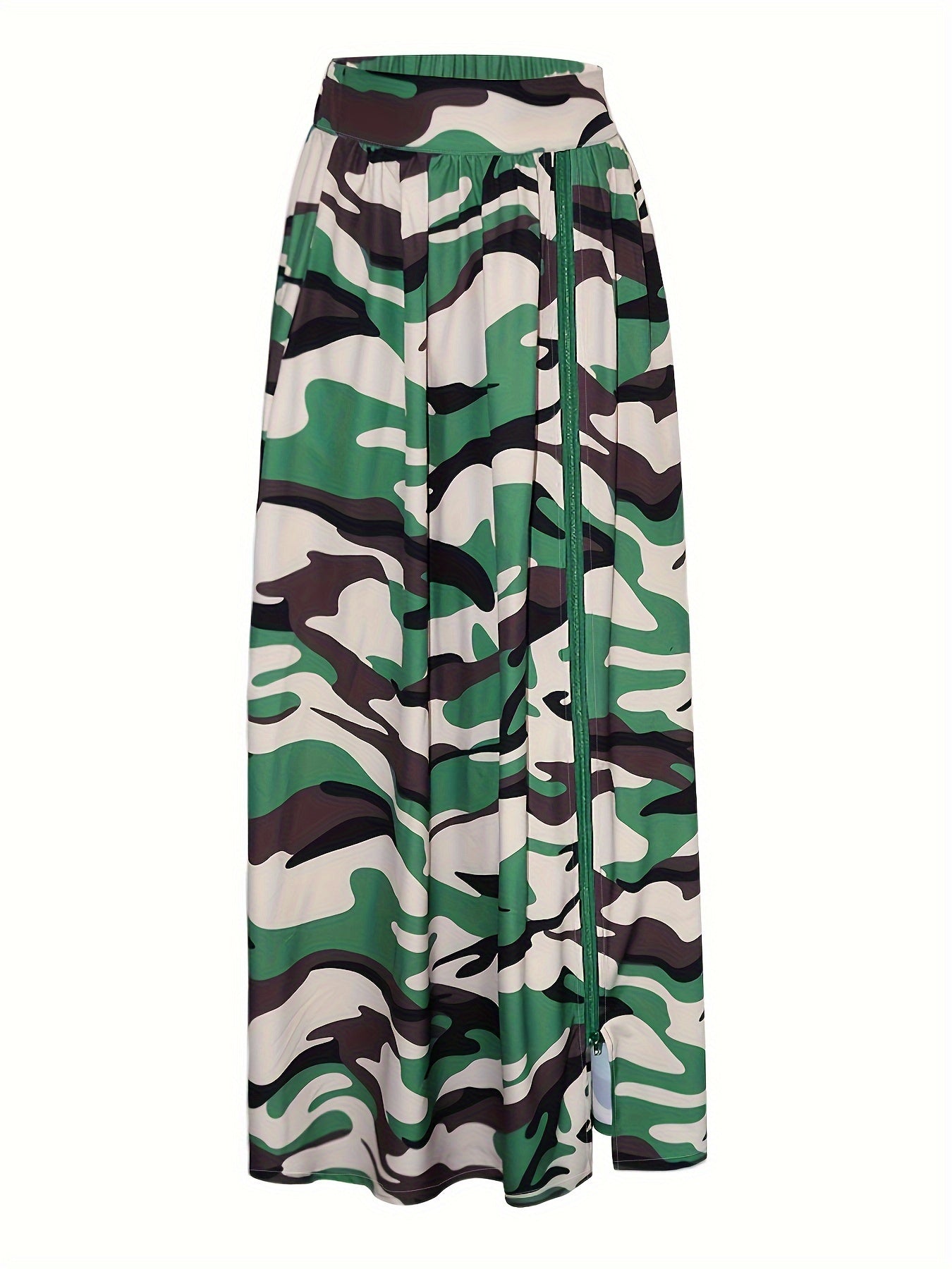 Camouflage Print Split High Waist Skirts, Zipper Elastic Mid Length Casual Skirts, Women's Clothing