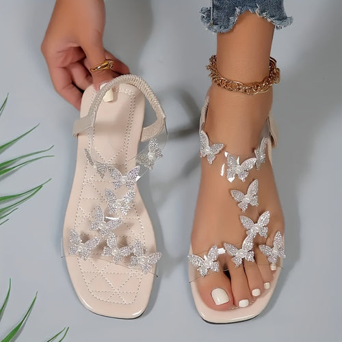 Womens Sparkling Rhinestone Butterfly Flat Sandals - Fashionable Open Toe Summer Shoes with Comfortable Elastic Bands - Ideal for Casual Everyday Wear