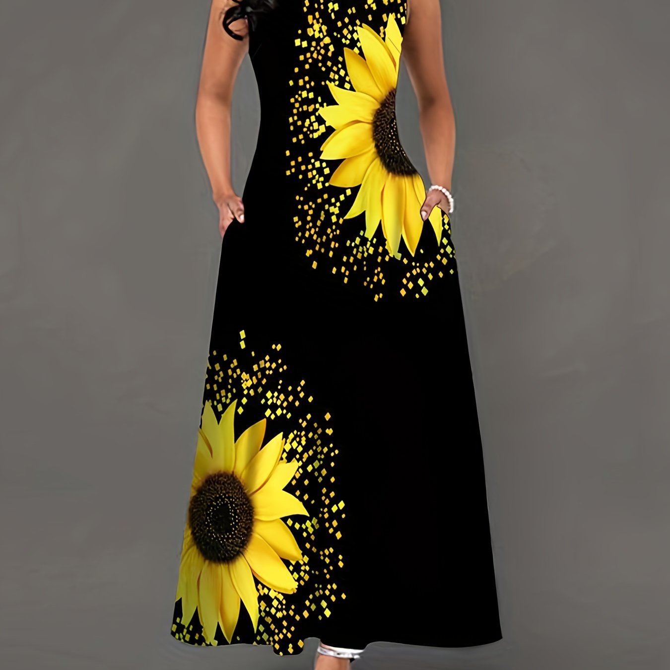 Sunflower Bloom Keyhole Maxi Dress - Casual Crew Neck, Sleeveless with Pockets - Feminine & Flattering Womens Summer Wear