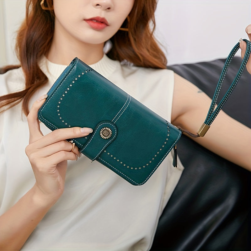 Vintage-Style RFID Long Wallet – Large-Capacity Faux Leather Coin Purse with Wristband, Snap Closure & Multi-Card Slots