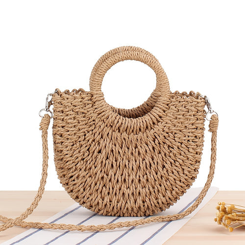 Half-Round Woven Straw Crossbody Bag - Lightweight, Removable Strap, Drawstring Closure, Polyester Lining, Perfect for Womens Summer Holiday and Beach Occasions