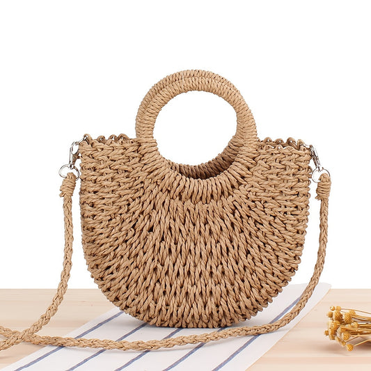 Half-Round Woven Straw Crossbody Bag - Lightweight, Removable Strap, Drawstring Closure, Polyester Lining, Perfect for Womens Summer Holiday and Beach Occasions