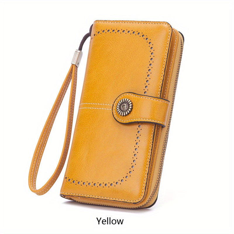 Vintage-Style RFID Long Wallet – Large-Capacity Faux Leather Coin Purse with Wristband, Snap Closure & Multi-Card Slots