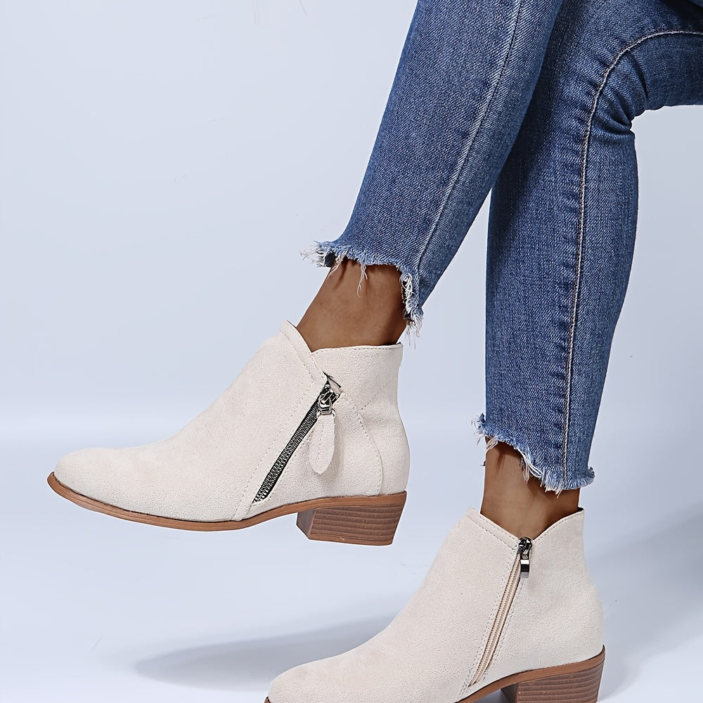 Women's Stacked Heel Ankle Boots, Side Zipper Pointed Toe Solid Color Short Boots, Comfortable Block Heels