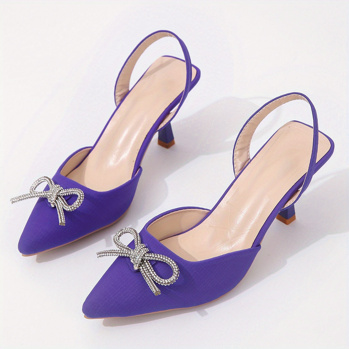 Women's Rhinestone Bow Stiletto, Pointed Toe Satin Slingback High Heels, Party & Evening Going Out Dress Shoes