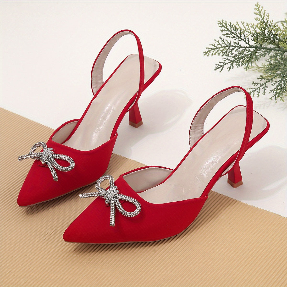 Women's Rhinestone Bow Stiletto, Pointed Toe Satin Slingback High Heels, Party & Evening Going Out Dress Shoes