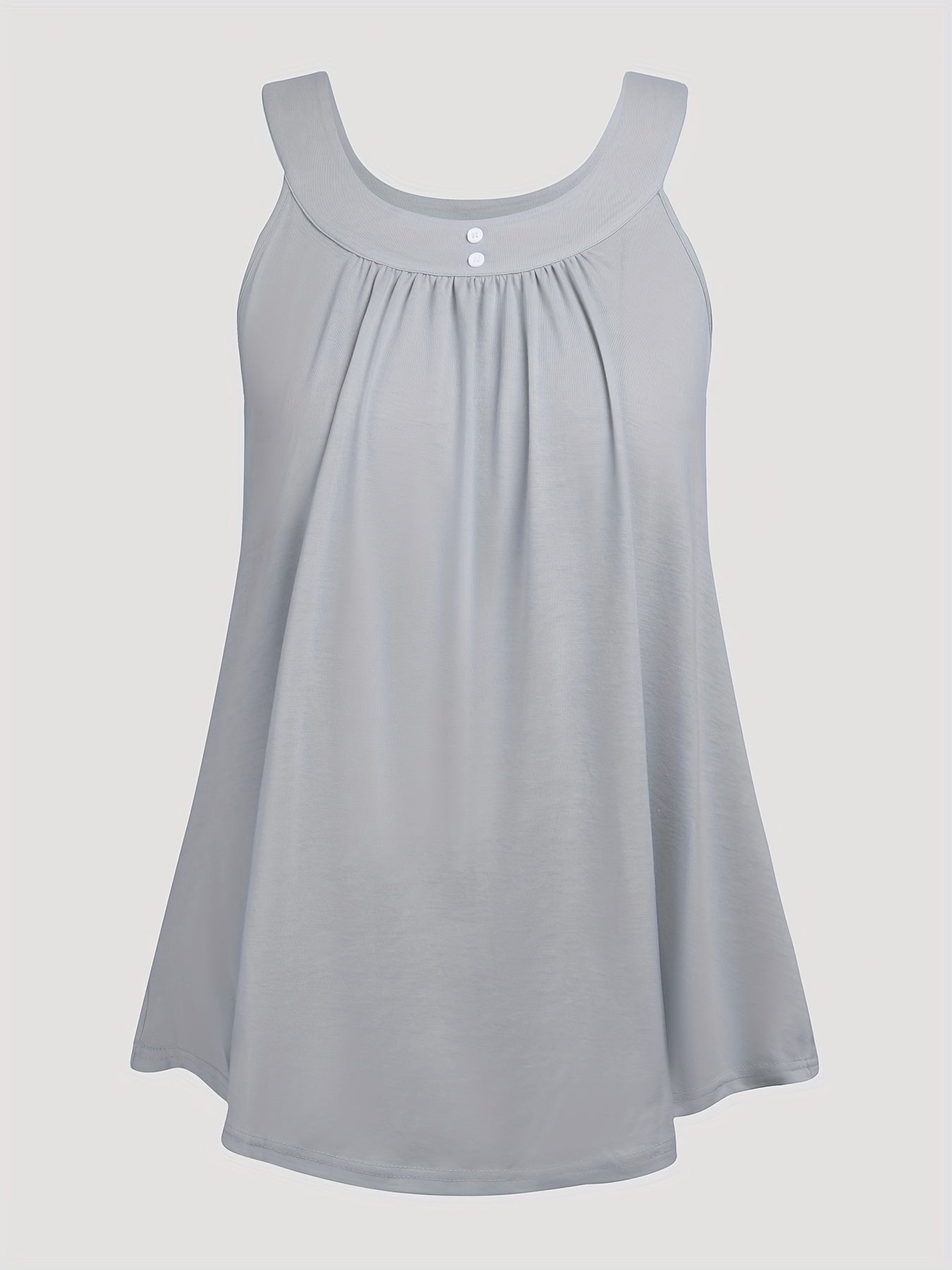 Plus Size Solid Color Tank Top with Fashionable Button Detail - Flattering Curve Hemline & Medium Stretch - Classic Crew Neck for Curvy Womens Summer Style