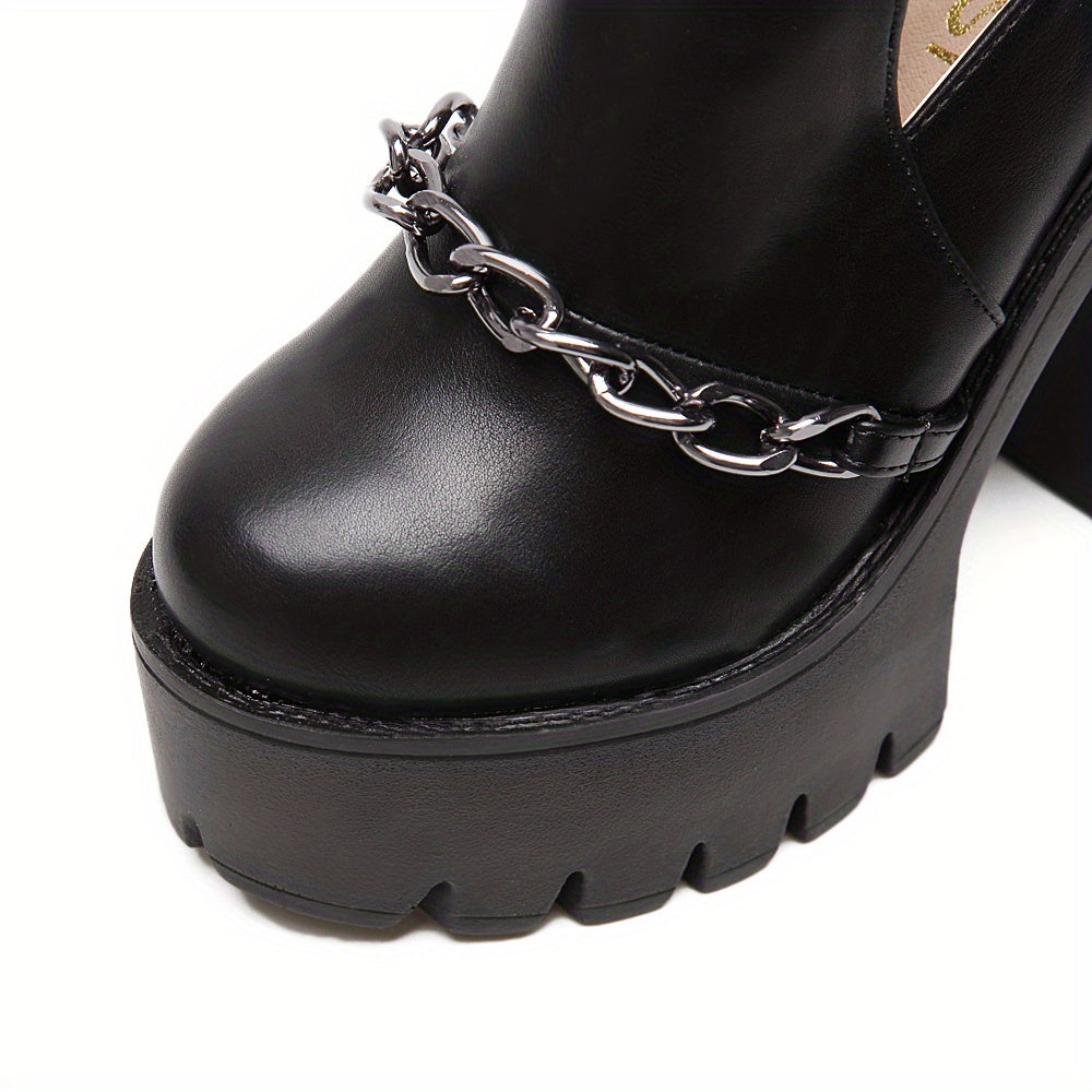 Women's Goth Platform Block High Heels, Black Chain Decor Double Buckle Strap Ankle Boots, Back Zipper Short Motorcycle Boots