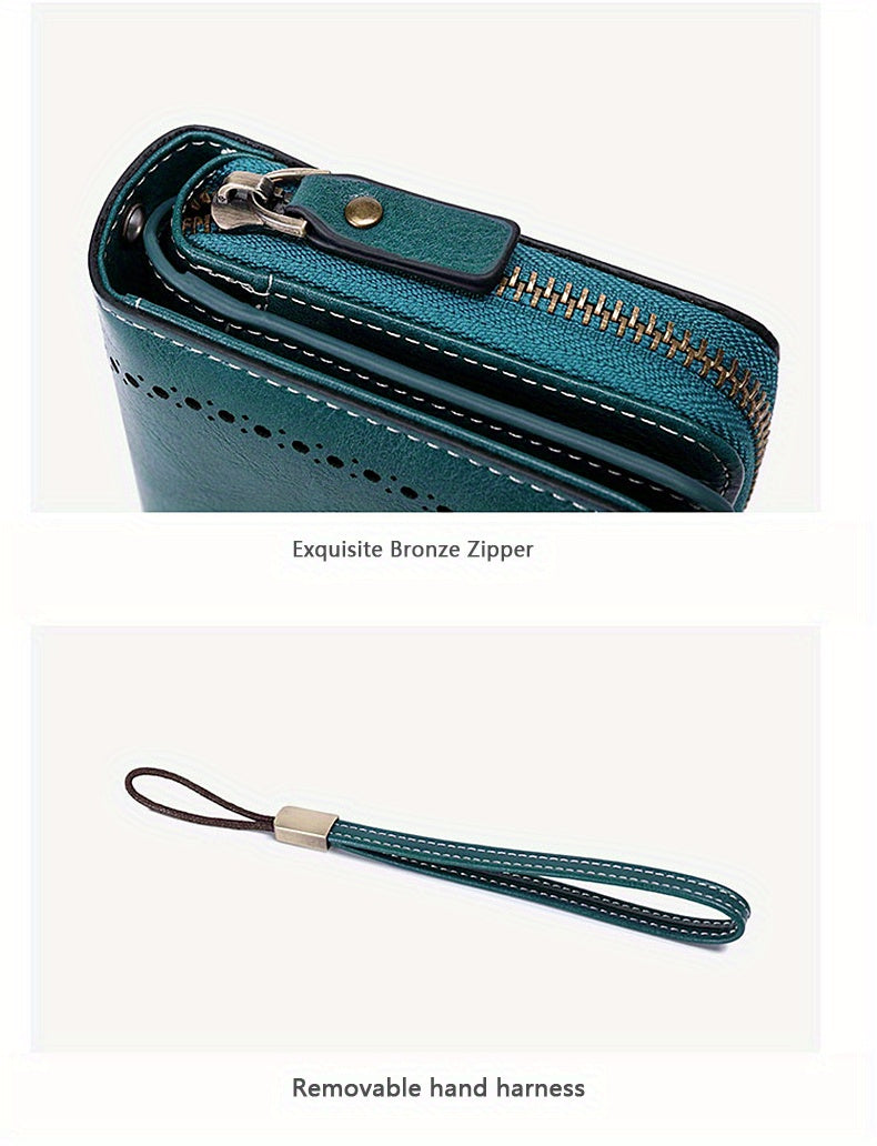 Vintage-Style RFID Long Wallet – Large-Capacity Faux Leather Coin Purse with Wristband, Snap Closure & Multi-Card Slots