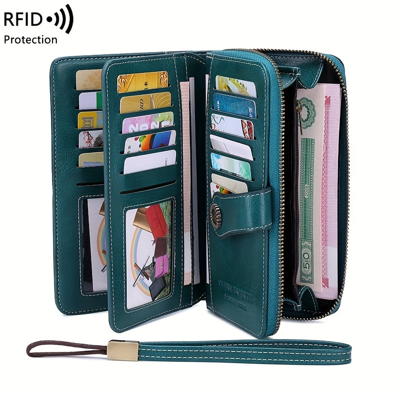 Vintage-Style RFID Long Wallet – Large-Capacity Faux Leather Coin Purse with Wristband, Snap Closure & Multi-Card Slots
