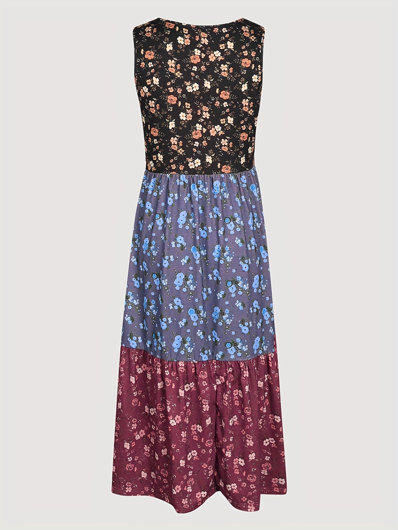 Vibrant Color Block Floral Print Tiered Tank Dress - Relaxed Fit, Crew Neck, Casual, Comfortable, Soft Fabric - Womens Summer Clothing, Beach Dress, Vacation Wear