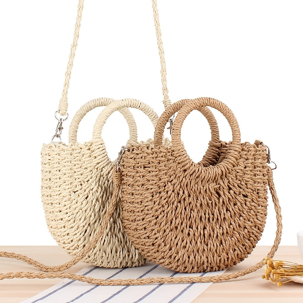 Half-Round Woven Straw Crossbody Bag - Lightweight, Removable Strap, Drawstring Closure, Polyester Lining, Perfect for Womens Summer Holiday and Beach Occasions