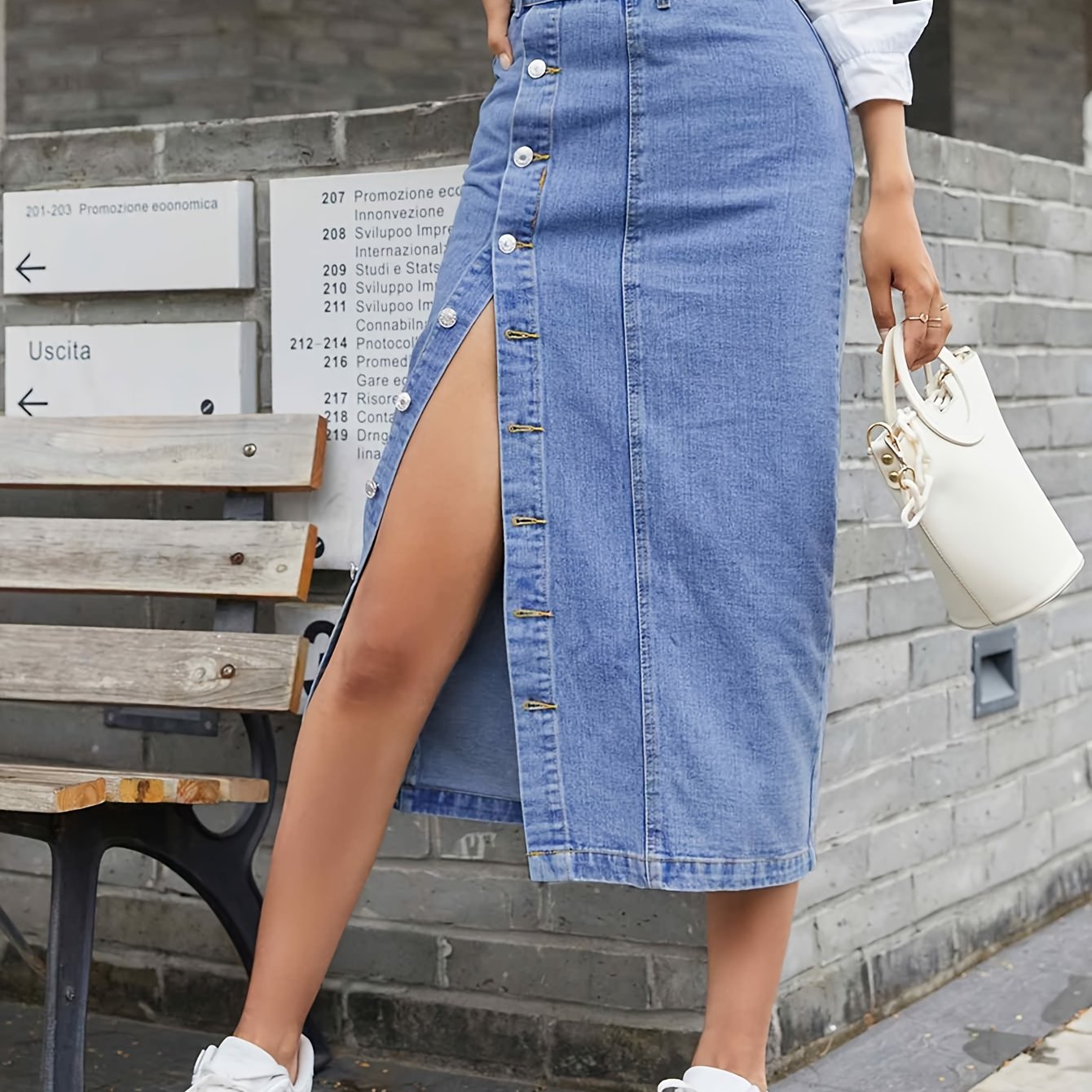 Side Single-breasted Button Split Denim Skirts, High Waist Patchwork Versatile Denim Skirts, Women's Denim Clothing