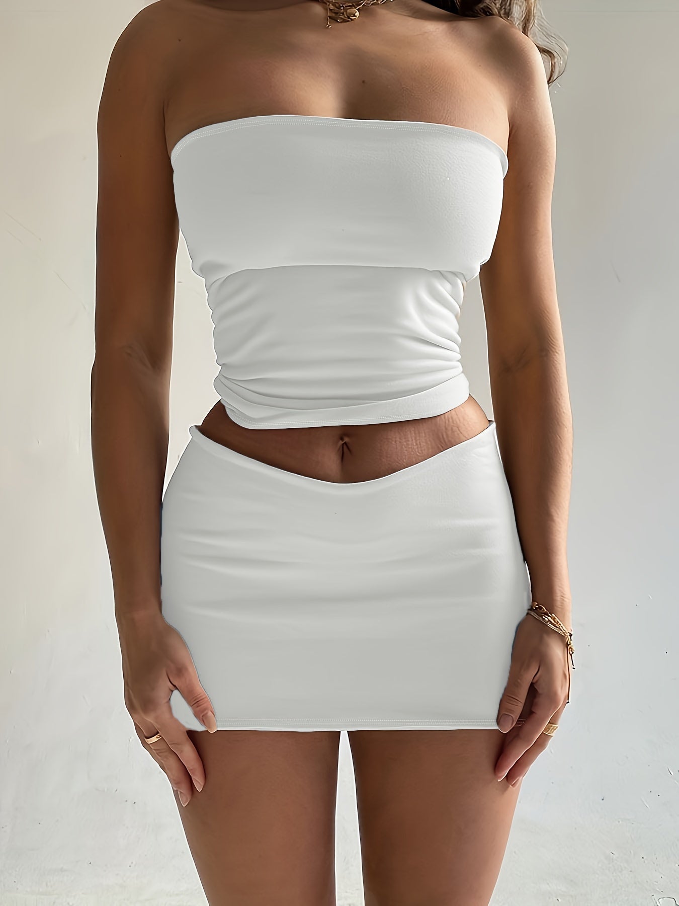 Solid Ruched Two-piece Set, Off Shoulder Sexy Tube Top & High Waist Bag Hip Mini Skirts Outfits, Women's Clothing